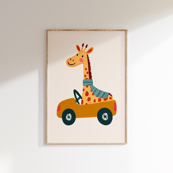 Happy Giraffe Driving Vintage Car Fun Safari Nursery Art Poster