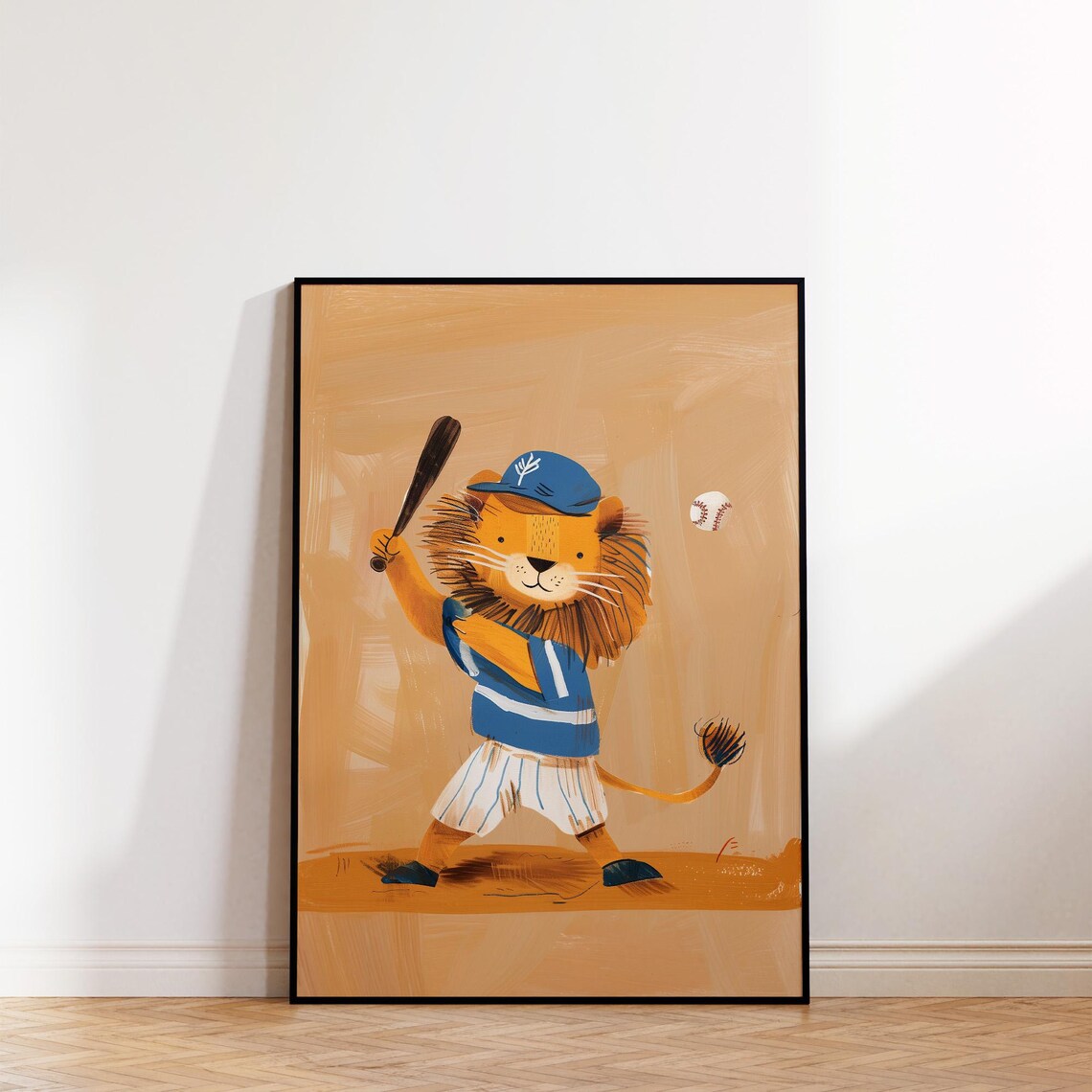 Lion Baseball Player Batting Cute Cartoon Sports Kids Poster - Image 2