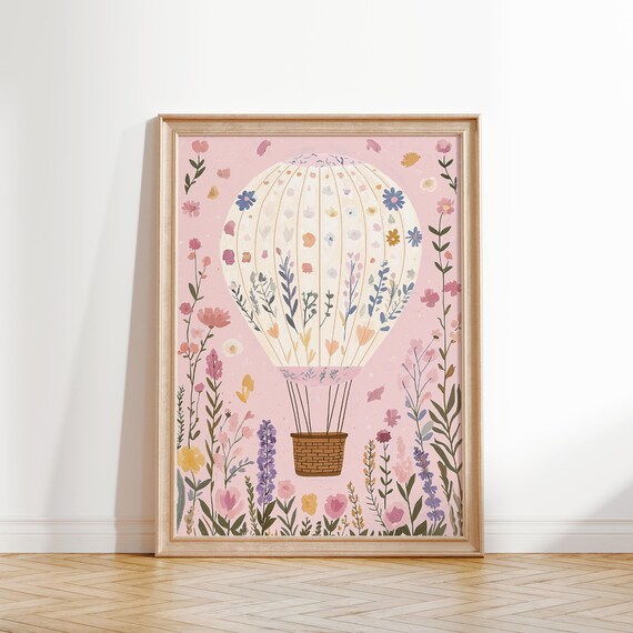 Whimsical Floral Hot Air Balloon Over Pink Meadow Sky Poster