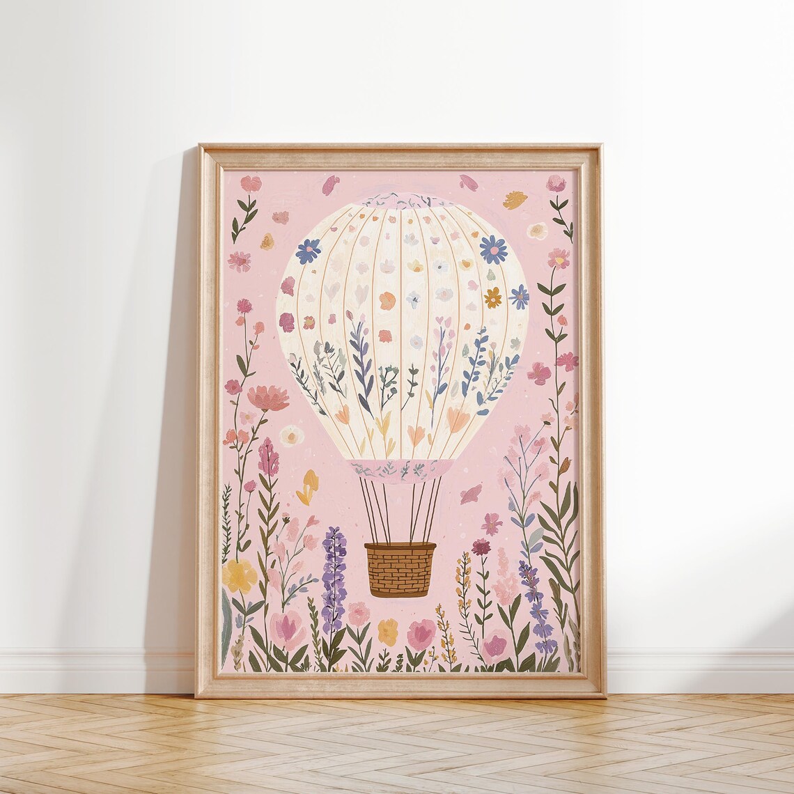Whimsical Floral Hot Air Balloon Over Pink Meadow Sky Poster