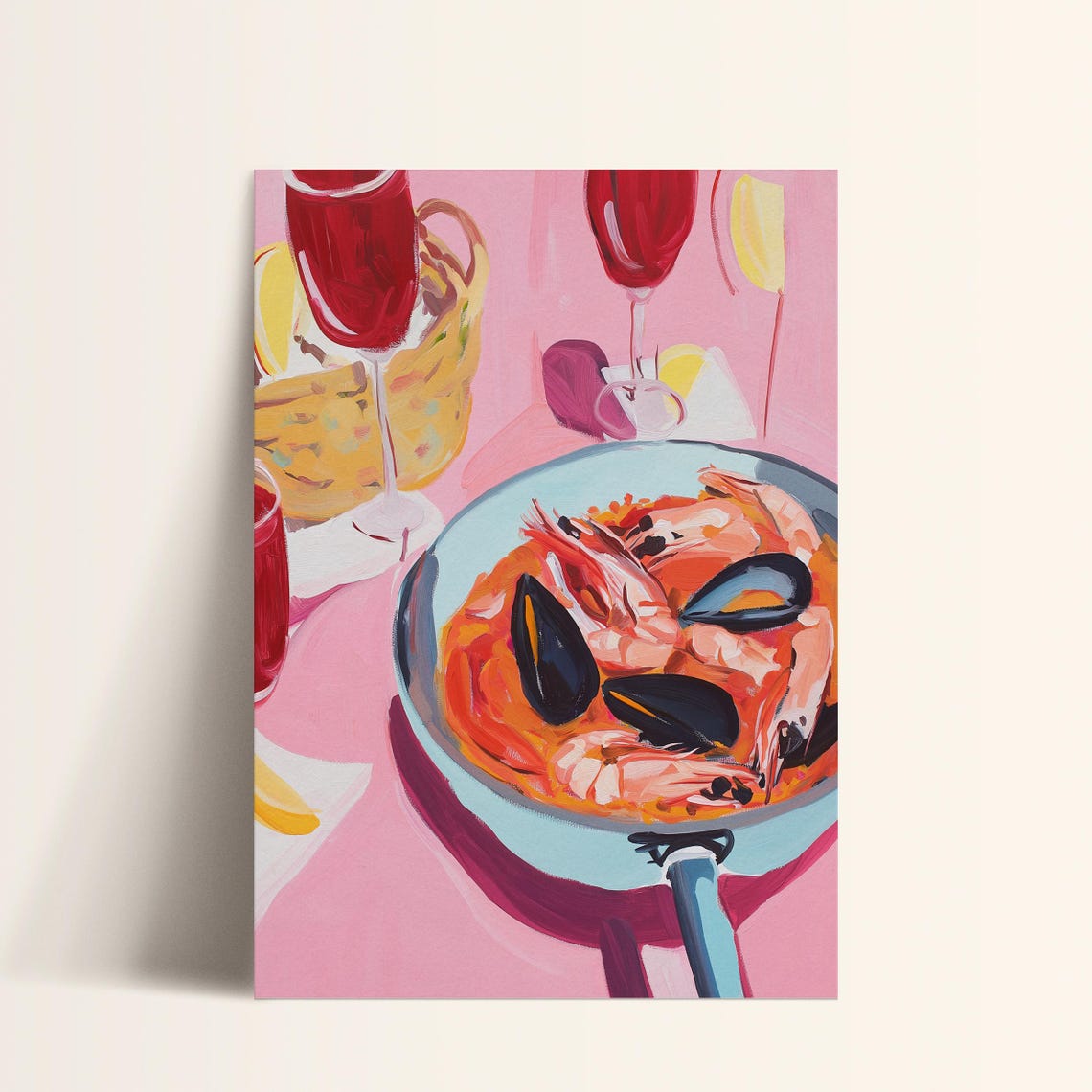 Seafood Paella Prawns Mussels Red Wine Glasses Pink Kitchen Poster - Image 2
