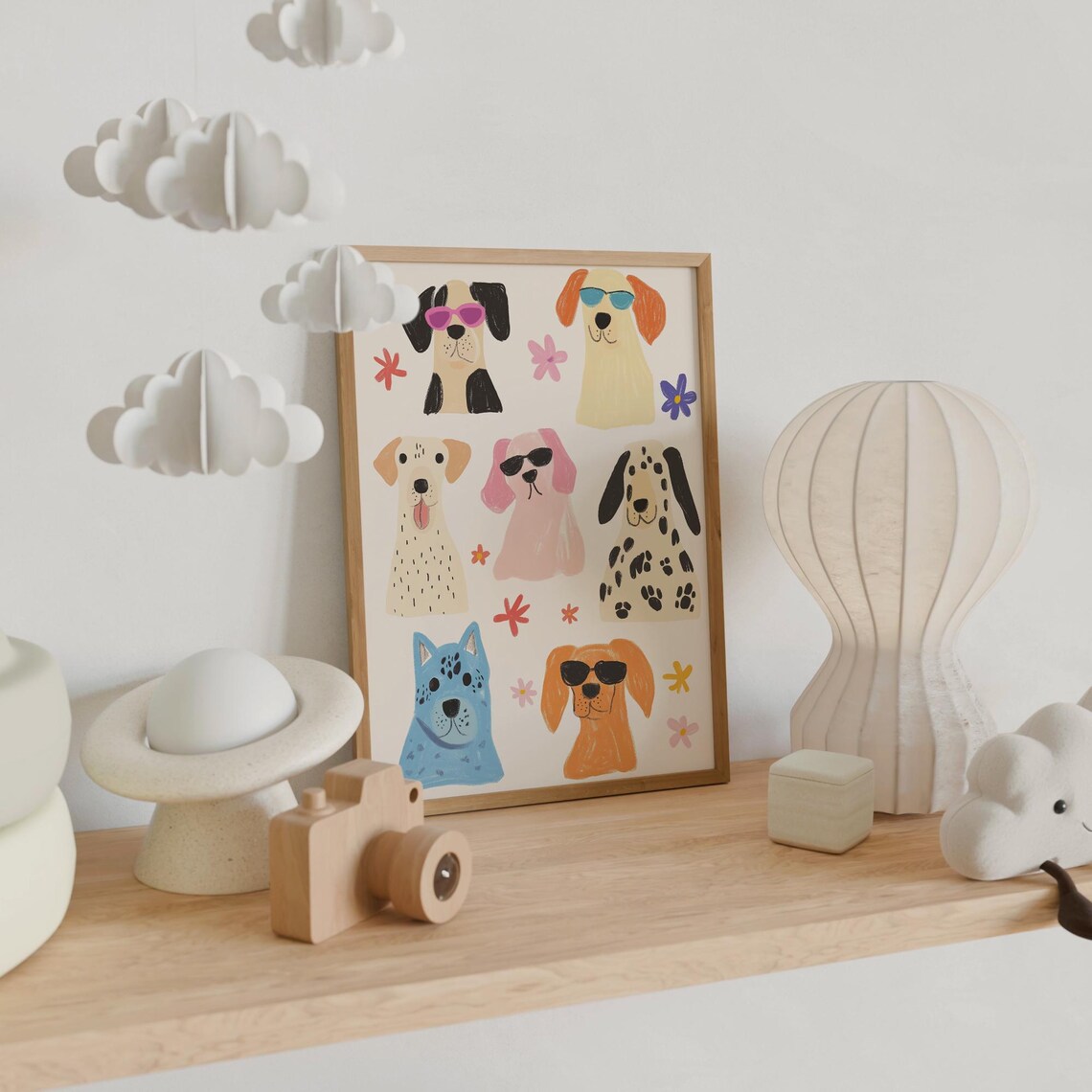 Seven Cool Dogs Sunglasses Floral Beige Nursery Kids Animal Art Poster - Image 4