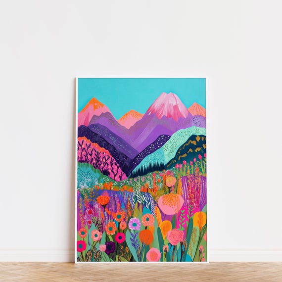 Max Vibrant Mountain Landscape Wall Art Eclectic Nature Print Maximalist Decor Colorful Landscape Art Boho Poster Dopamine Art Print