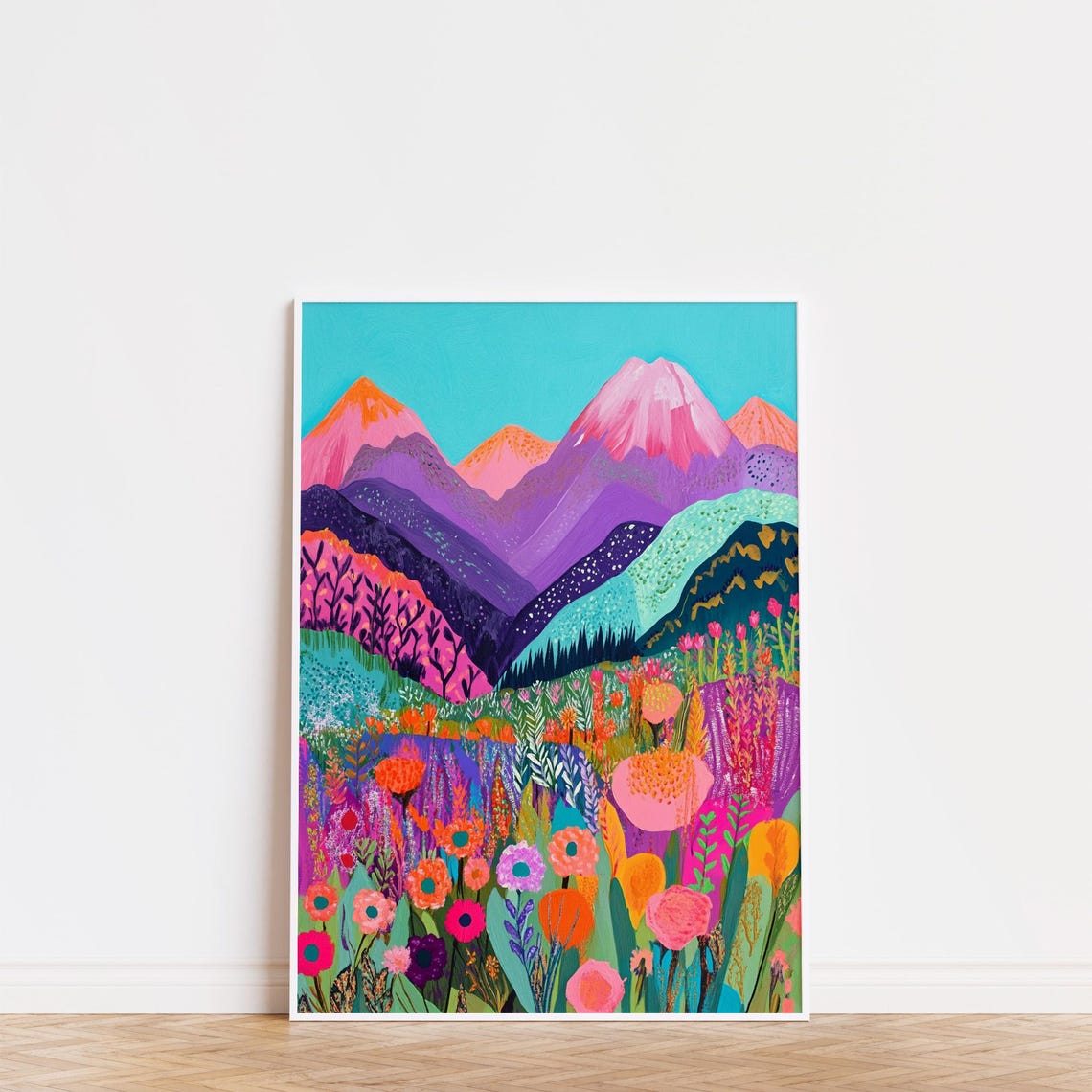 Pink Purple Peaks Turquoise Sky Wildflower Meadow Art Poster