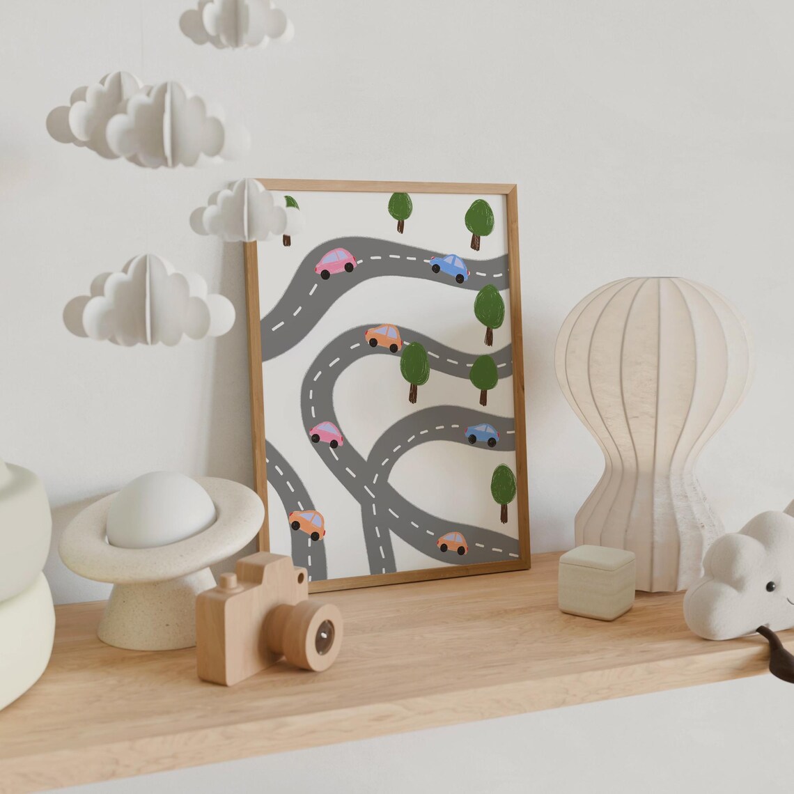 Colorful Cars On Winding Gray Road Map Playroom Kids Art Poster - Image 6