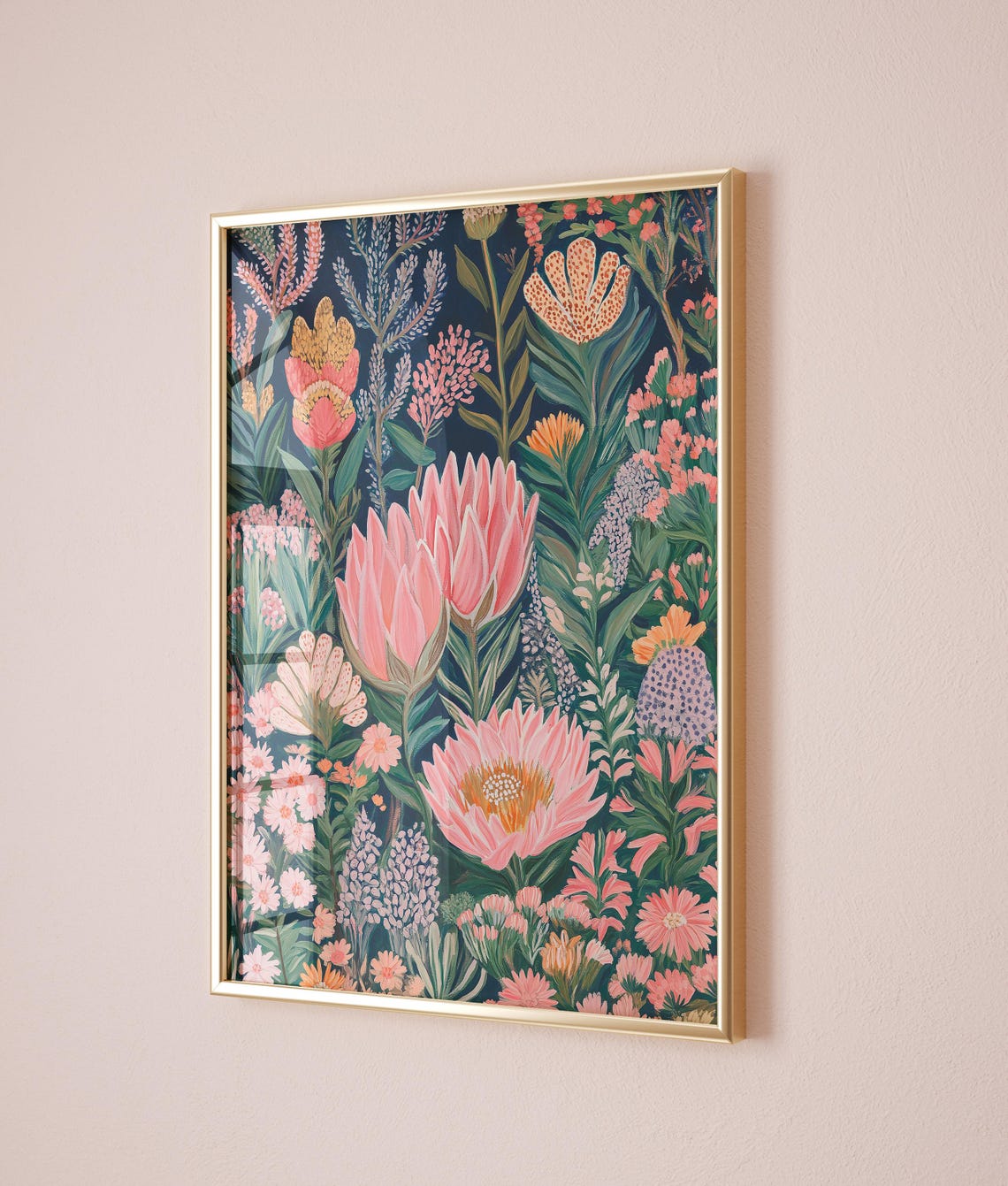 Protea Botanical Pattern Navy Background Pink Coral Floral Poster
