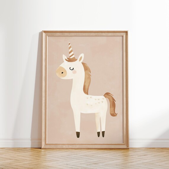 Blush Unicorn Striped Horn Hearts Watercolor Girls Nursery Wall Art