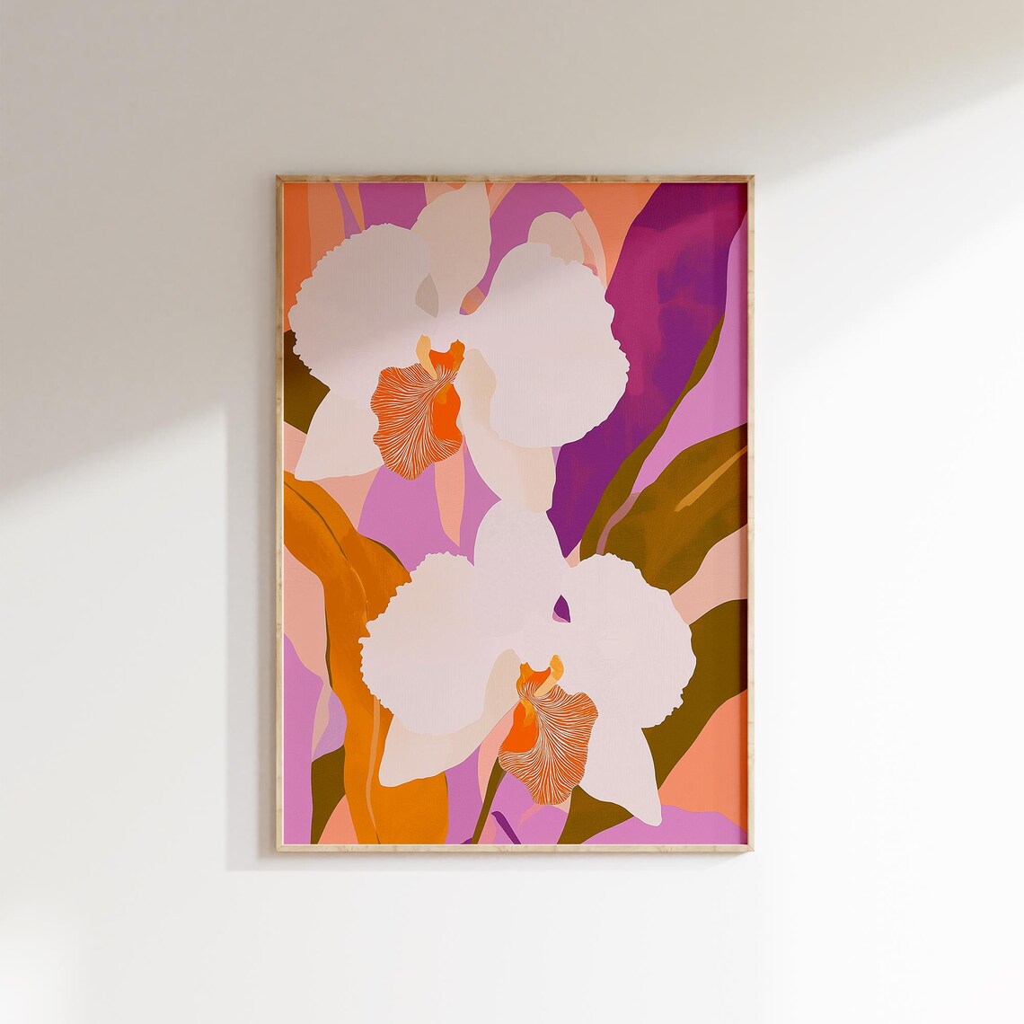 Abstract White Orchid Print Purple Orange Modern Floral Wall Art