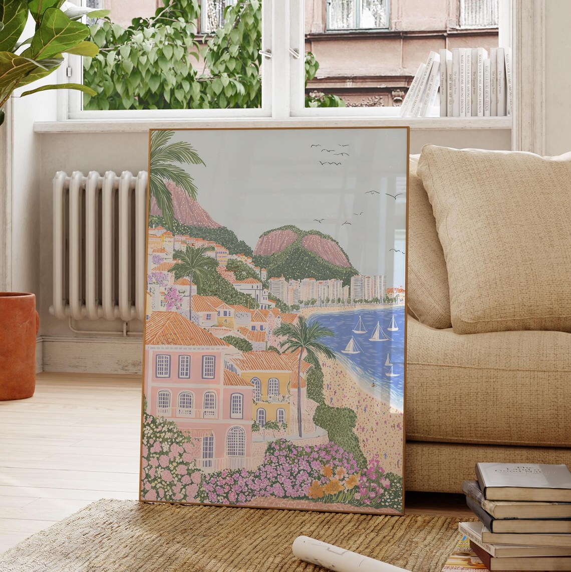 Tropical Coastal Town Twin Mountains Sailboats Palm Beach Poster - Image 2