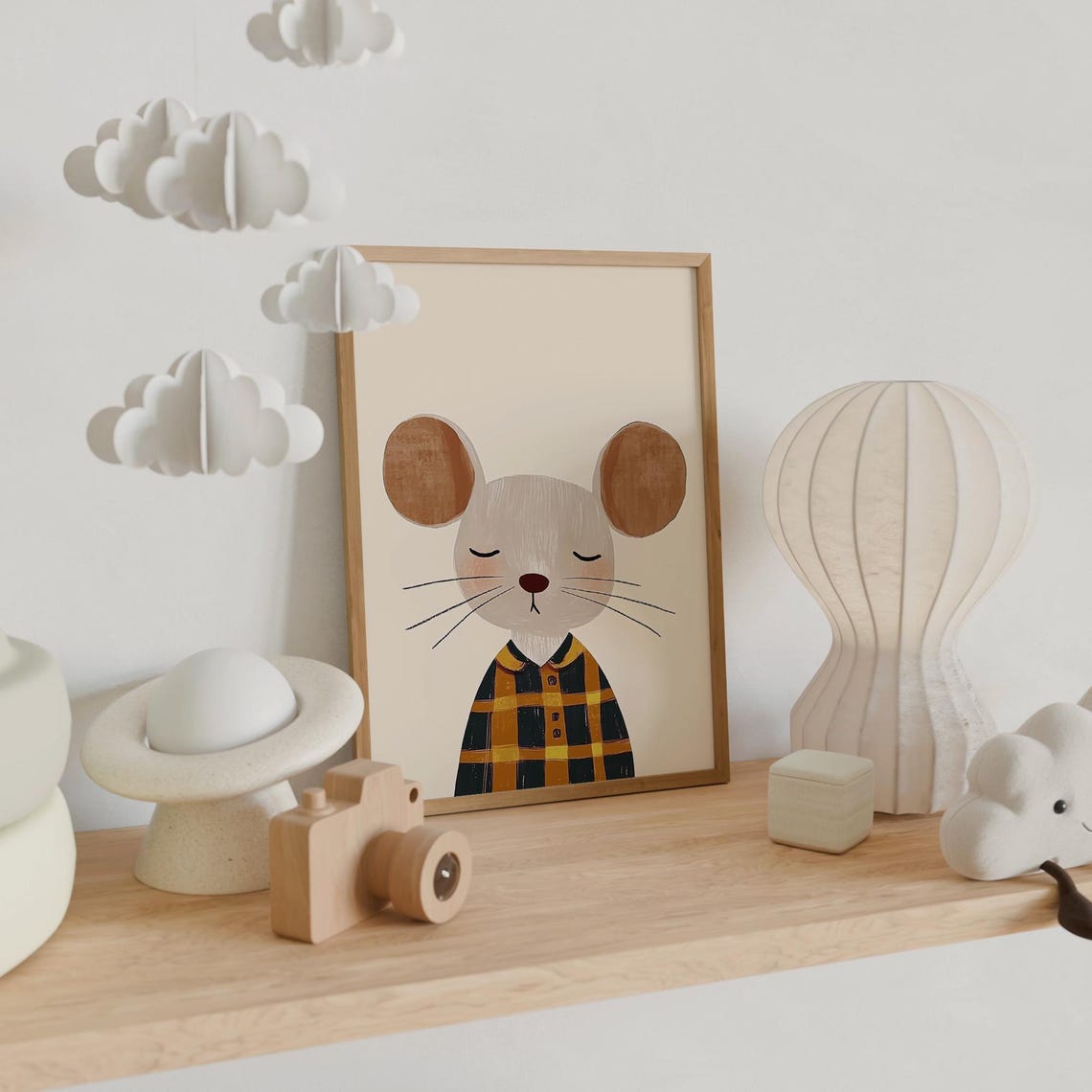Adorable Sweet Mouse in Plaid Shirt Nursery Kids Room Wall Art