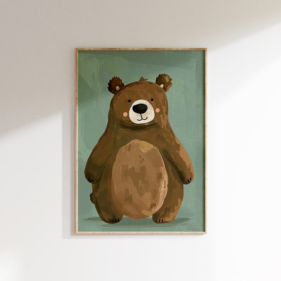 Woodland Theme Nursery Wall Art Cute Bear Print Animal Kids Room Decor Forest Animals Sage Green Adorable Childrens Room Art