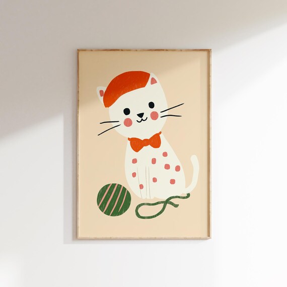 Cute White Cat Orange Beret Bow Tie Yarn Ball Nursery Kids Wall Poster