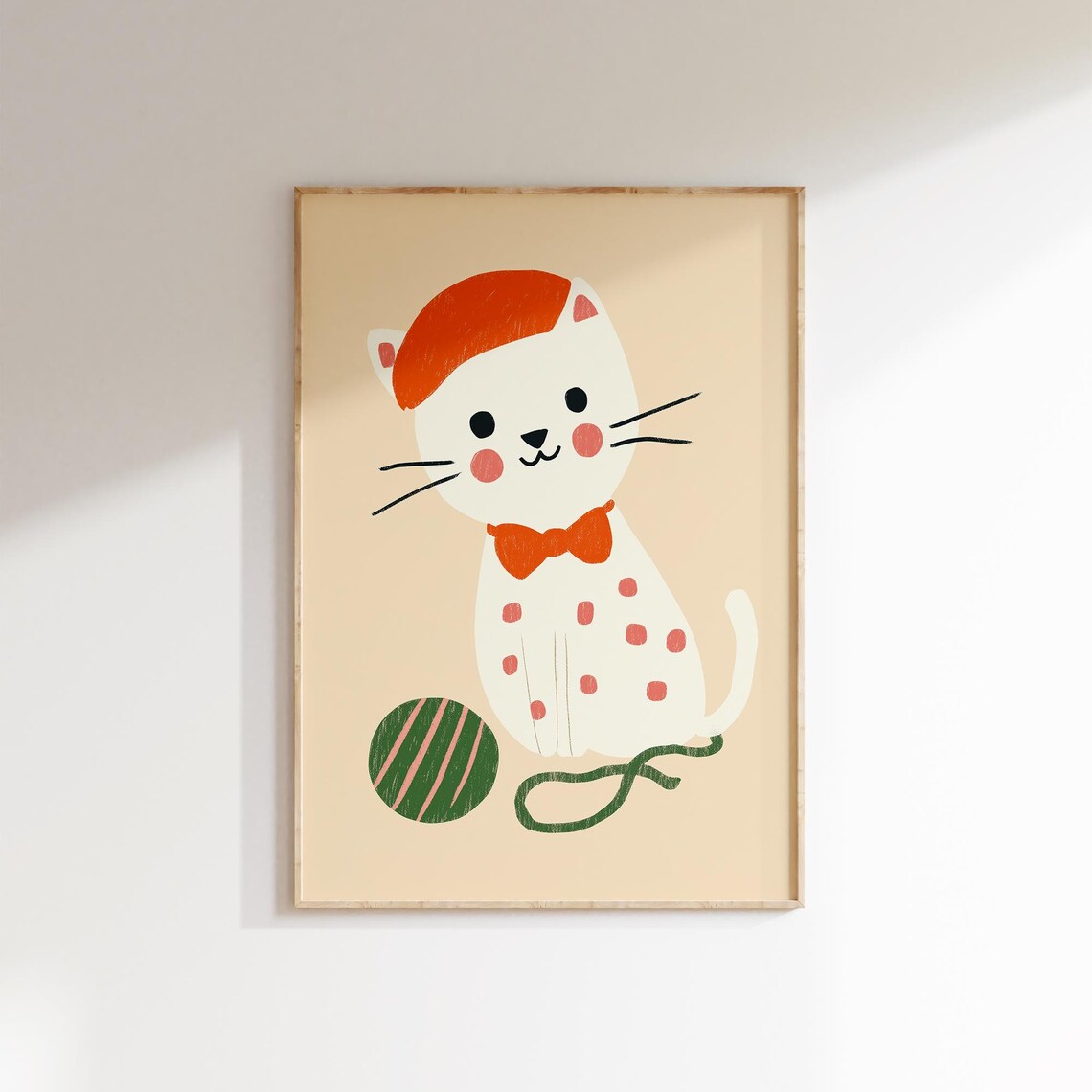 Cute White Cat Orange Beret Bow Tie Yarn Ball Nursery Kids Wall Poster