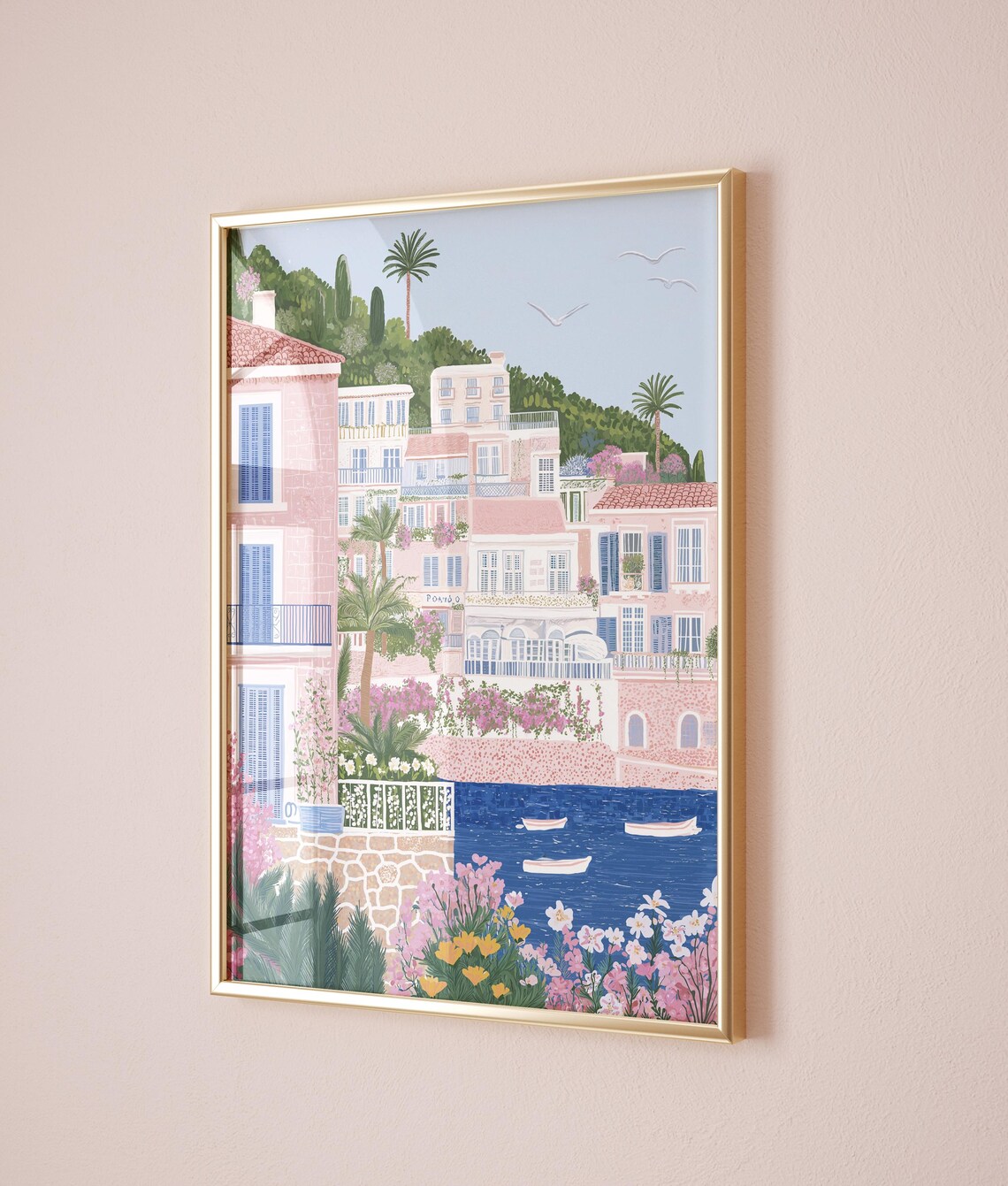 Pink Mediterranean Villa Bougainvillea Coastal Boats Summer Poster - Image 3