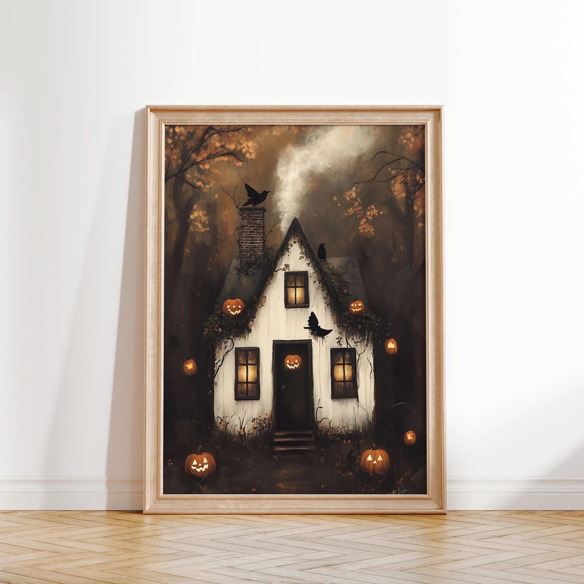 Haunted Cottage With Pumpkins And Bats Vintage Halloween Night Poster - Image 2