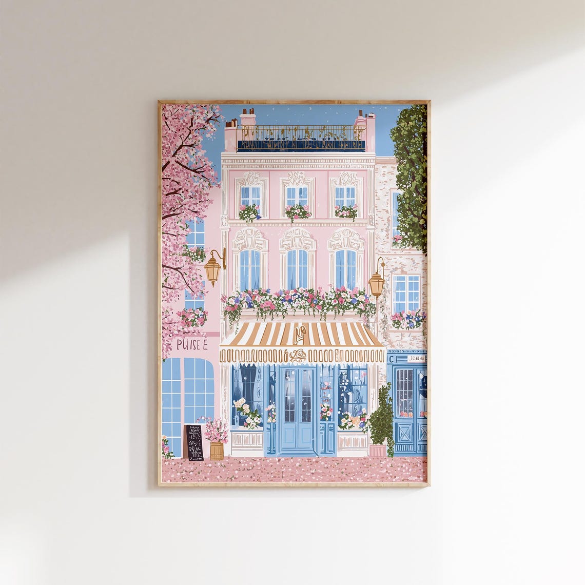 Parisian Pink Storefront Blue Doors Cherry Blossom Spring Poster - Image 3