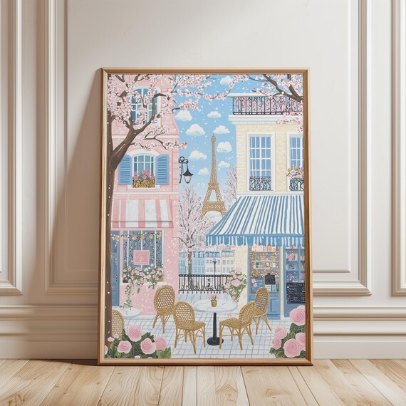 Parisian Cafe Street Eiffel Tower Cherry Blossoms Spring Poster