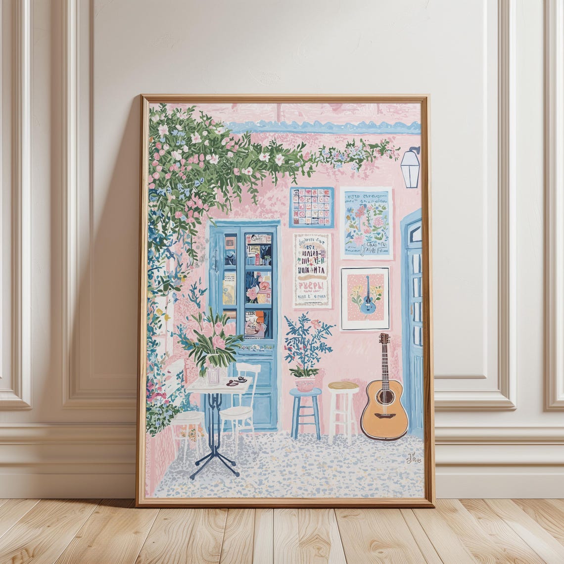 Pink Paris Cafe Guitar Blue Shutters Flowering Vines Poster Decor