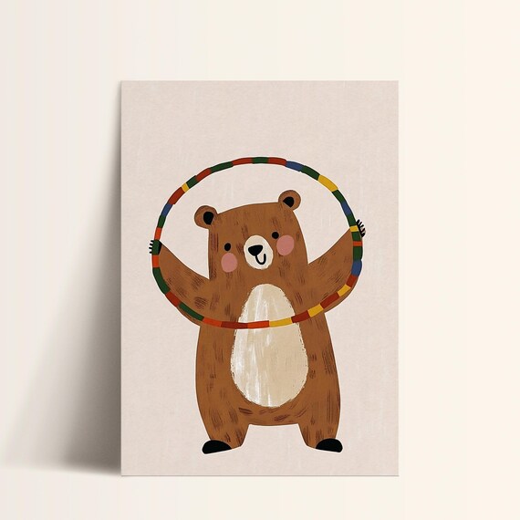 Happy Bear with Hula Hoop Fun Kids Animal Nursery Poster Decor