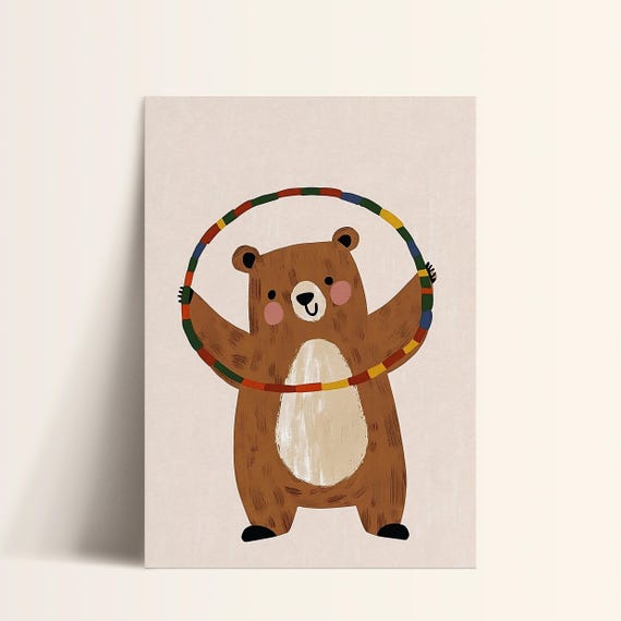 Hula Hoop Bear Print Playful Nursery Wall Art Kids Room Modern Animal Decor