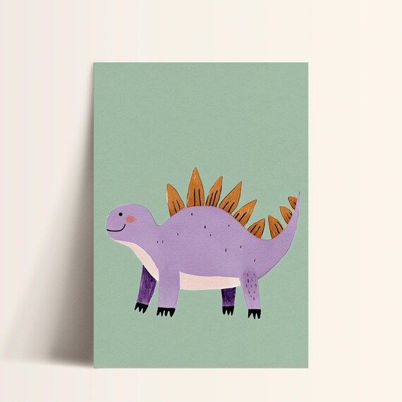Purple Stegosaurus Orange Plates Friendly Dinosaur Nursery Poster