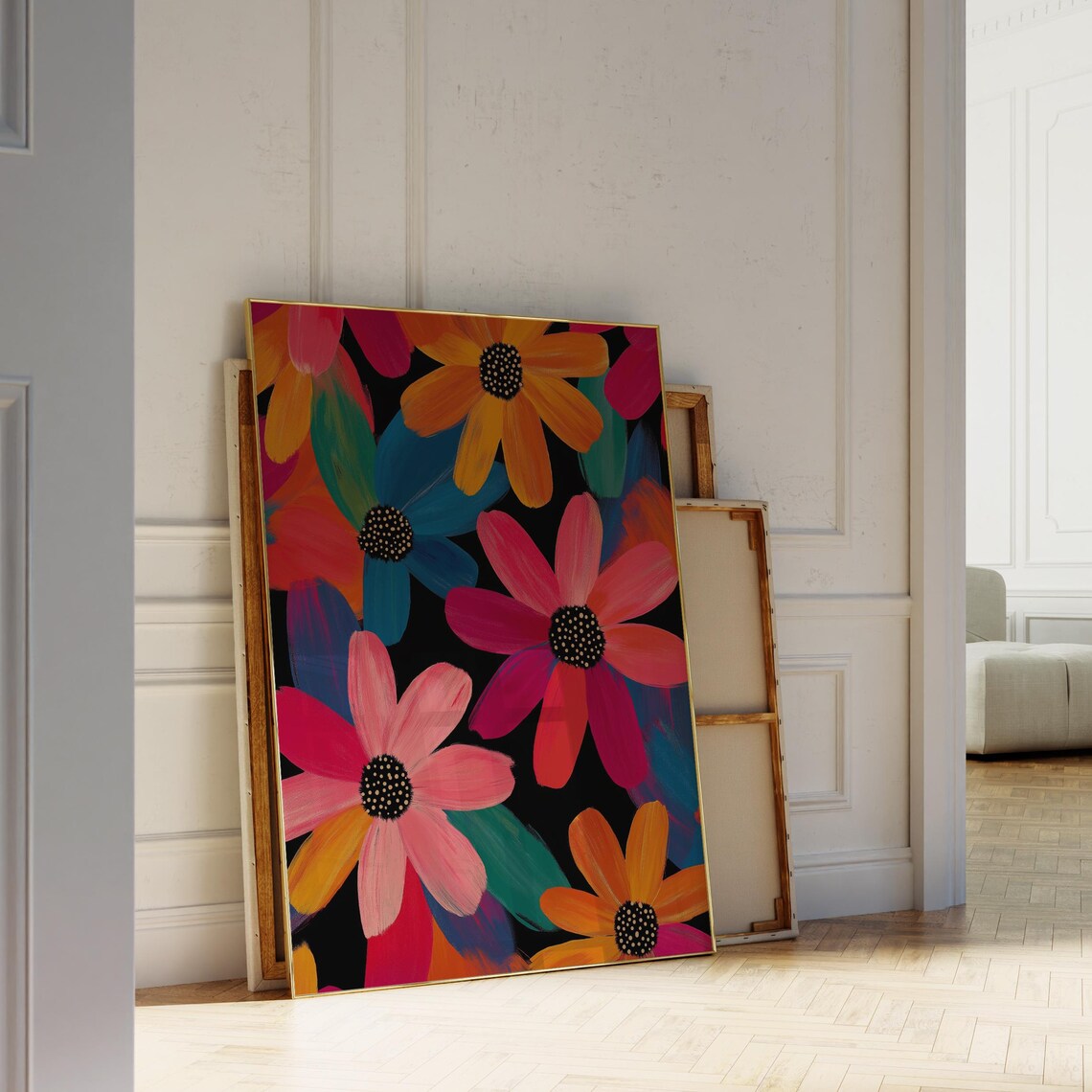 Colorful Daisy Flower Print Black Background Modern Boho Wall Poster - Image 5