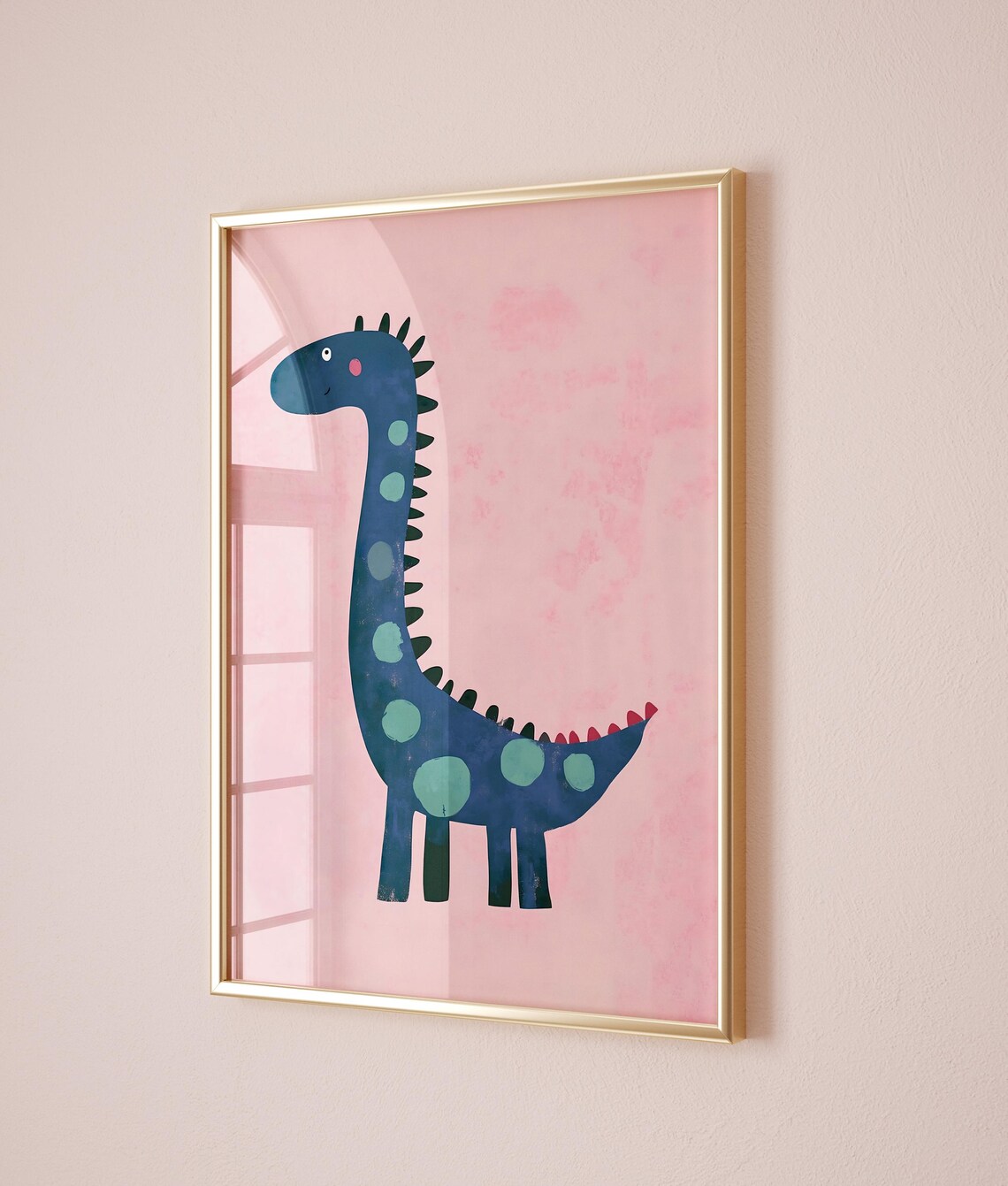 Navy Blue Spotted Dinosaur Pink Background Kids Room Nursery Art Poster - Image 2