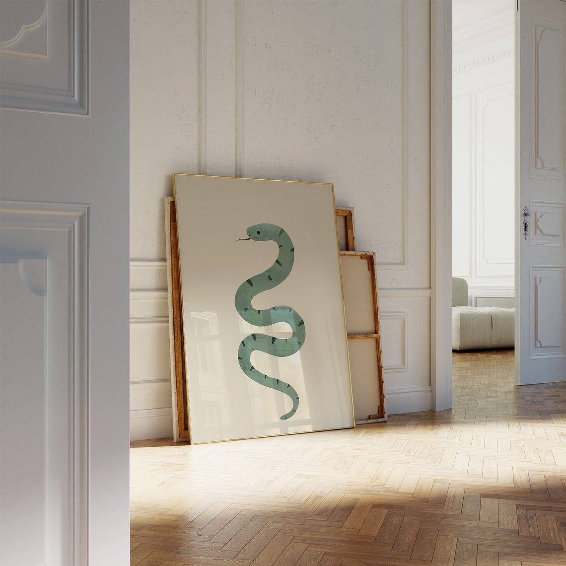 Scandinavian Green Snake Art Poster Cute Zigzag Nursery Style - Image 2