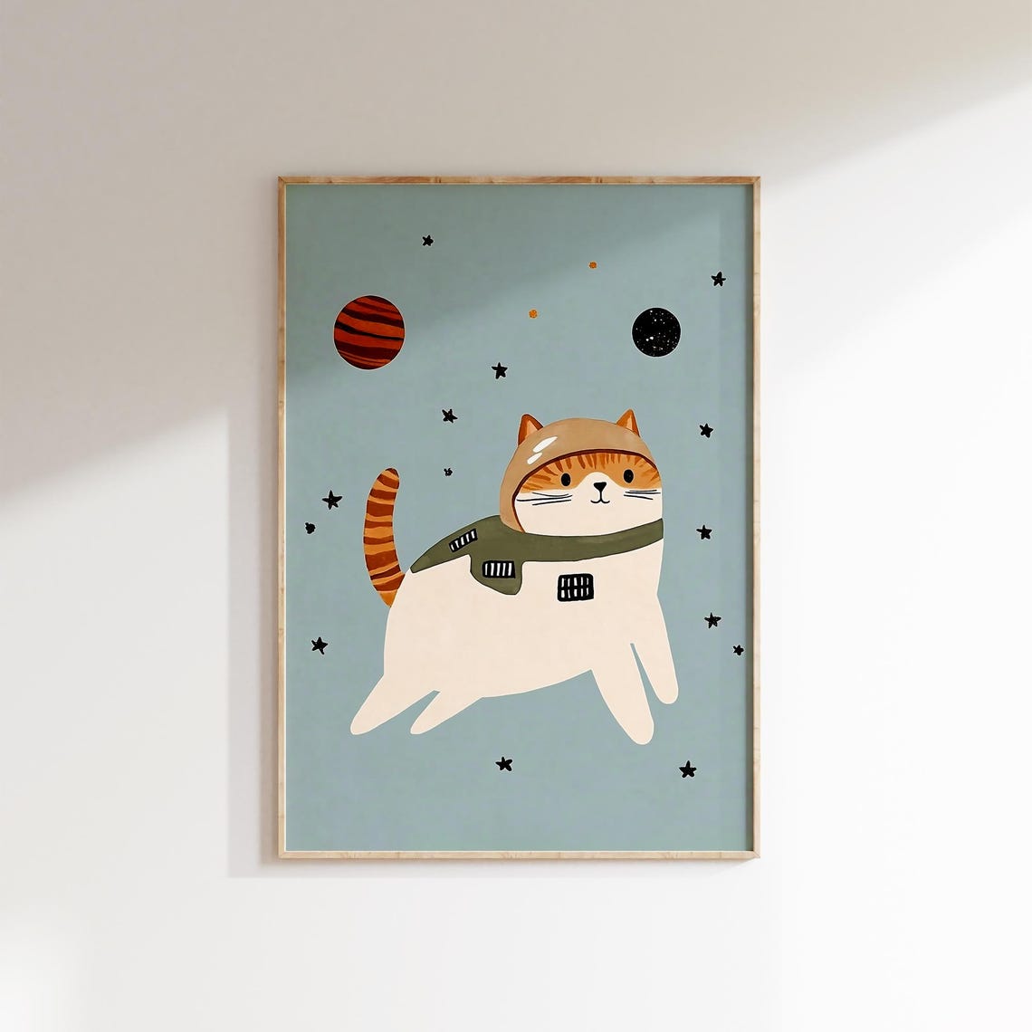 Astronaut Cat Floating in Space Stars Kids Room Nursery Poster