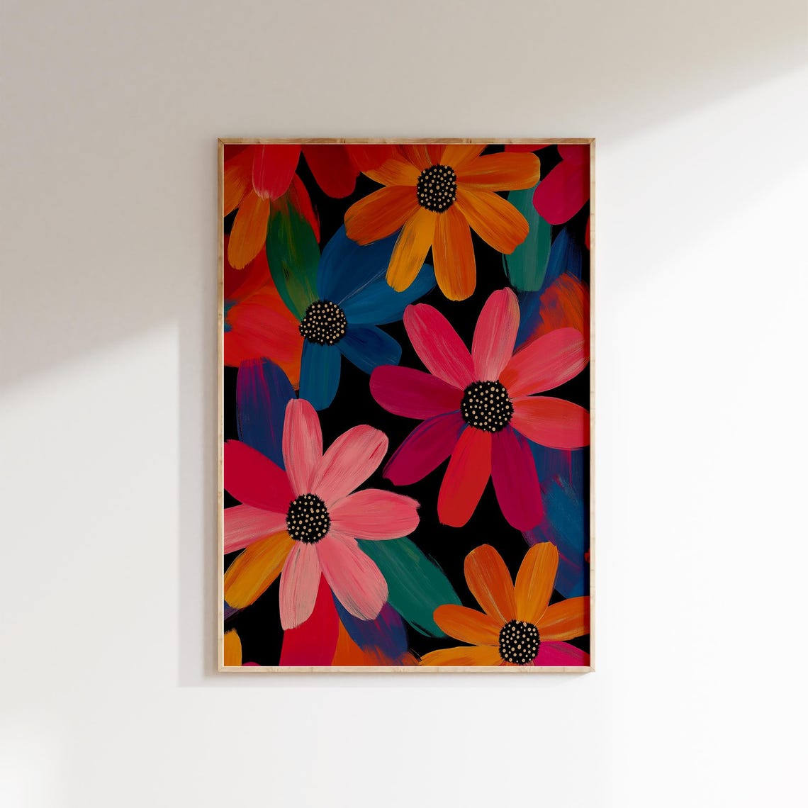 Colorful Daisy Flower Print Black Background Modern Boho Wall Poster - Image 3