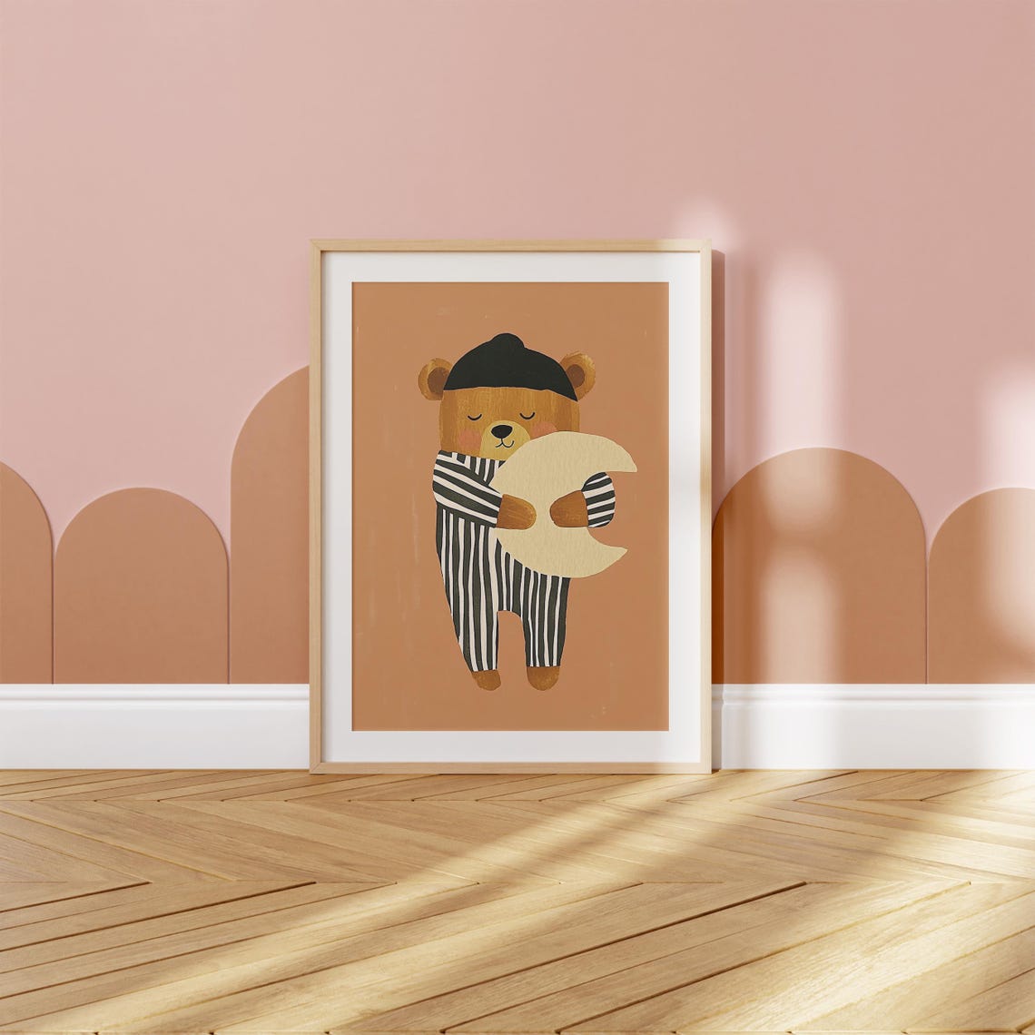Sleepy Bear Striped Pajamas Holding Moon Nursery Bedtime Poster