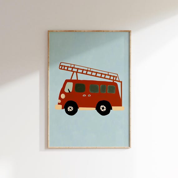 Fire Truck Wall Art Kids Room Decor Nursery Poster Playroom Vehicle Art Toddler Room Wall Art Whimsical Fire Truck Print
