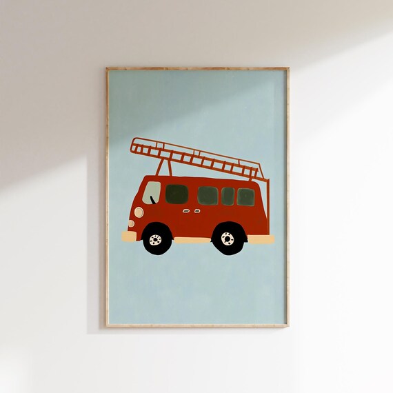 Red Fire Truck with Ladder Cute Kids Vehicle Nursery Art Poster