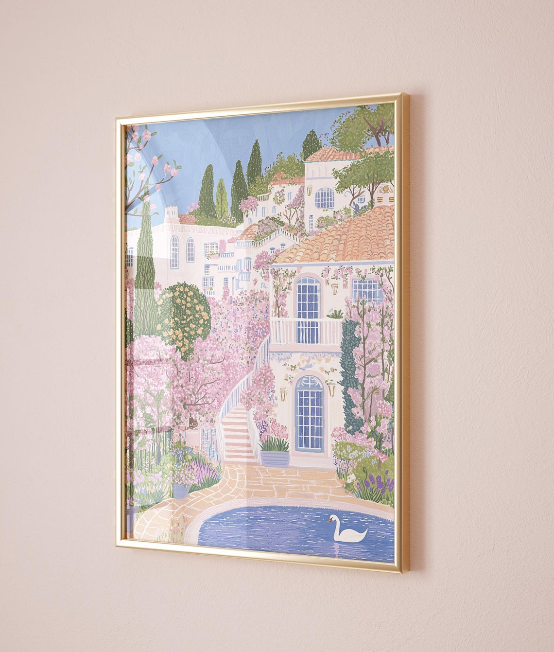 Pink Blossom Mediterranean Hillside Village Swan Pond Spring Poster - Image 5