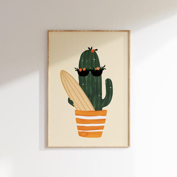 Surfing Cactus Print Modern Nursery Wall Art Summer Cool Plant Poster Kids Room Funny Wall Decor