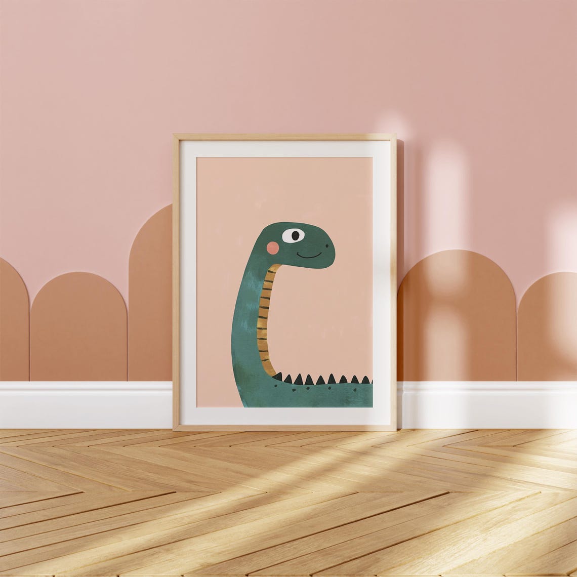 Green Long Neck Dinosaur Smiling Portrait Kids Dino Art Poster - Image 2