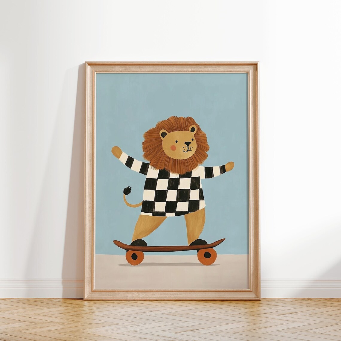 Lion Riding Skateboard in Checkered Shirt Kids Sports Art Poster - Image 4