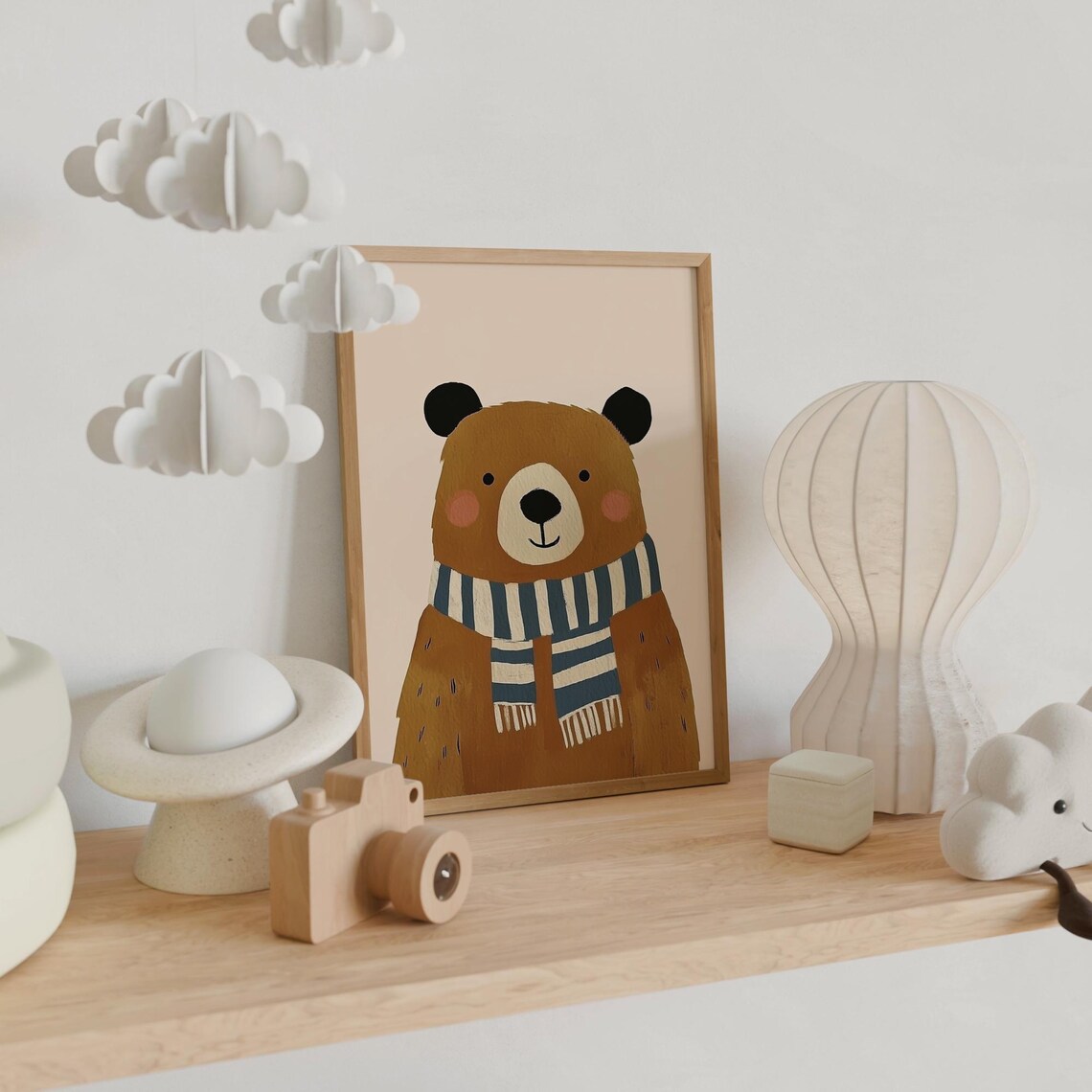Sweet Brown Bear In Blue Striped Scarf Nursery Kids Animal Poster