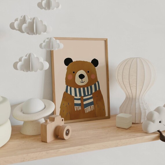 Sweet Brown Bear In Blue Striped Scarf Nursery Kids Animal Poster