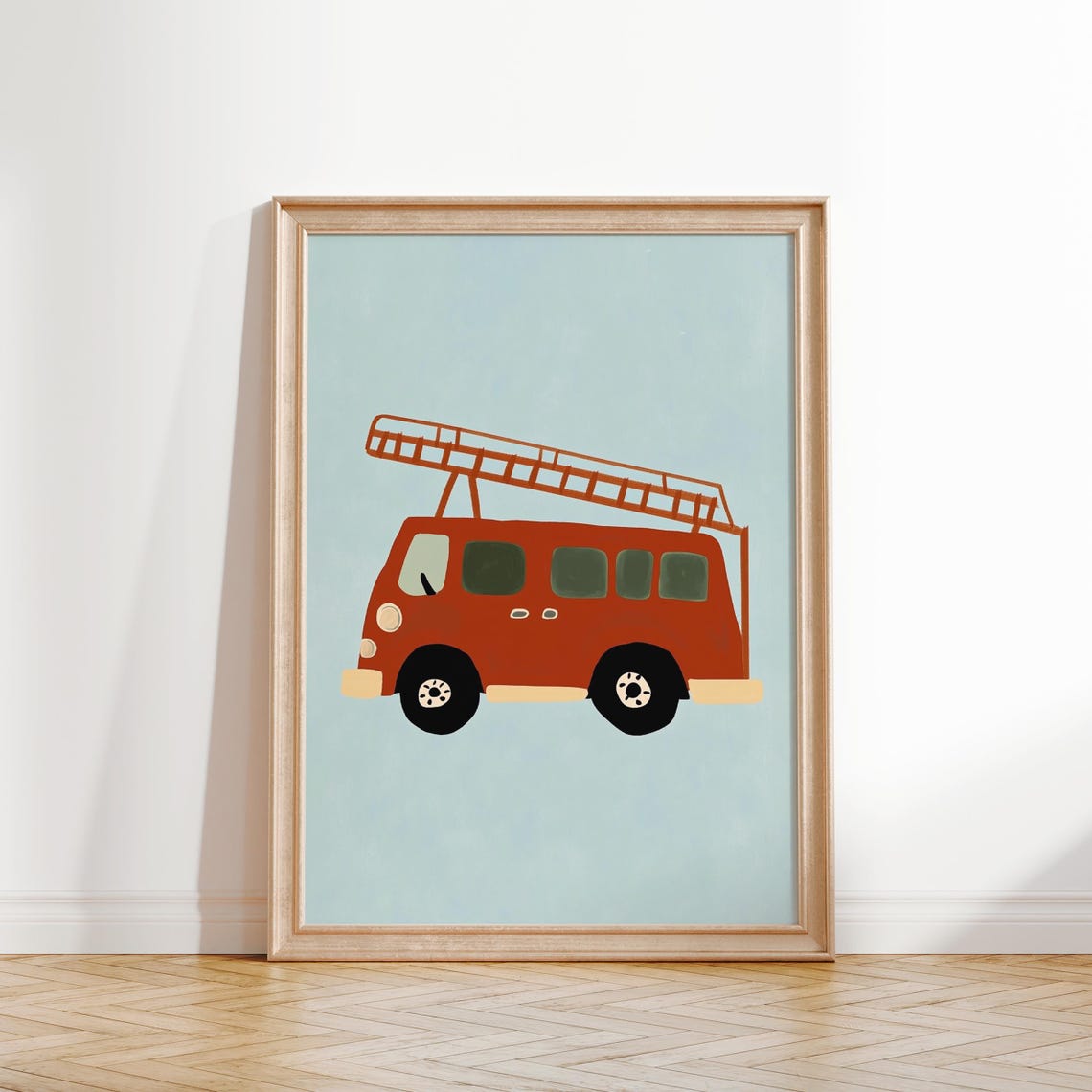 Red Fire Truck with Ladder Cute Kids Vehicle Nursery Art Poster - Image 4