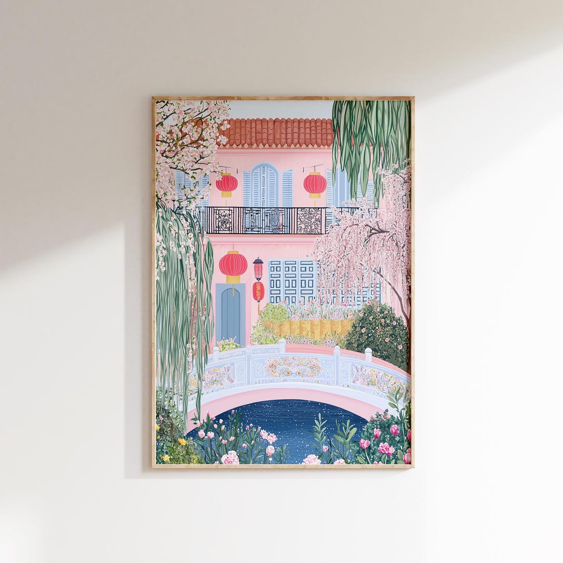 Chinese Garden Red Lanterns Arched Bridge Blossom Spring Poster - Image 3