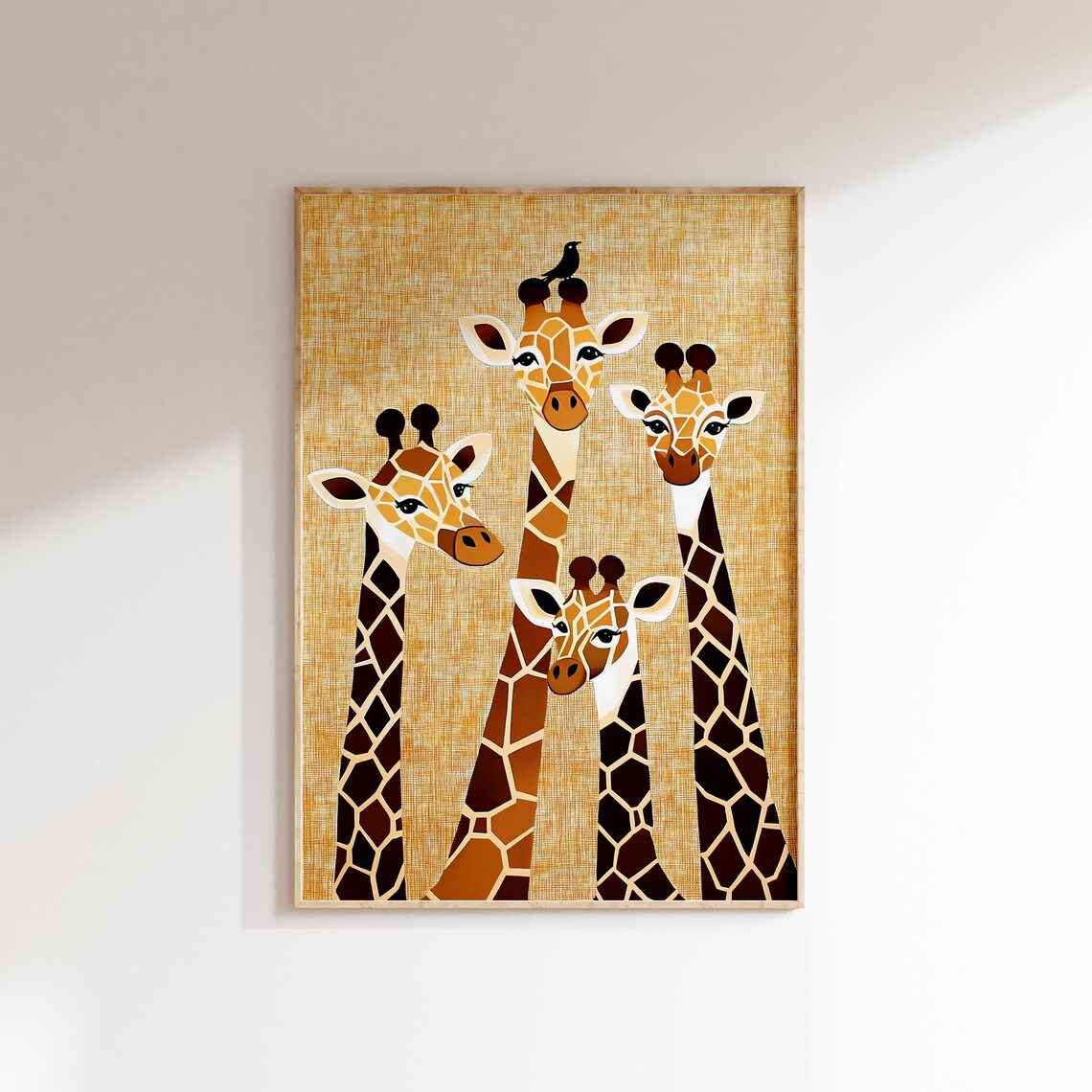 Giraffe Family Four Gold Background Safari Nursery Animal Poster