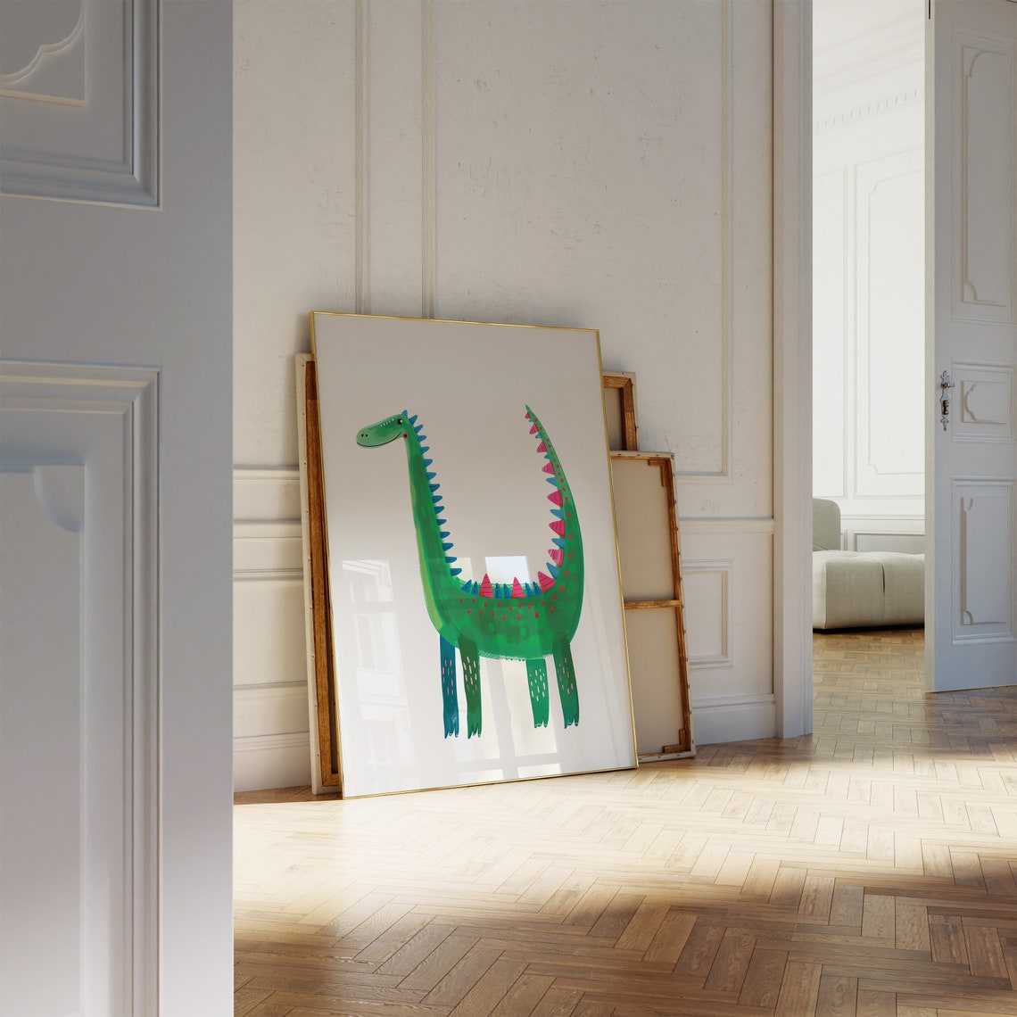 Green Long Neck Dinosaur Kids Room Print With Blue and Pink Spiky Back - Image 2
