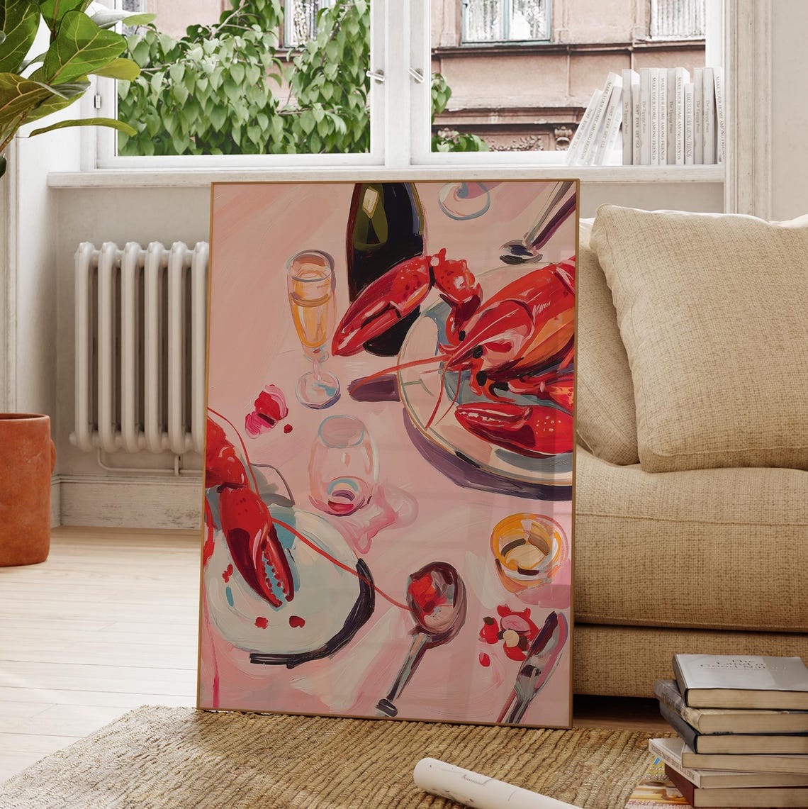 Pink Lobster Wall Art Coastal Kitchen Print Maximalist Food Art Eclectic Beach Decor Seafood Print Dopamine Decor