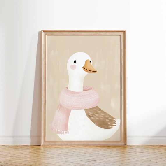 Cheerful White Goose In Chunky Pink Knit Scarf Nursery Poster