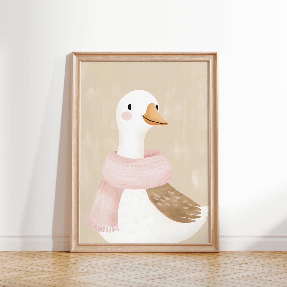 Cheerful White Goose In Chunky Pink Knit Scarf Nursery Poster