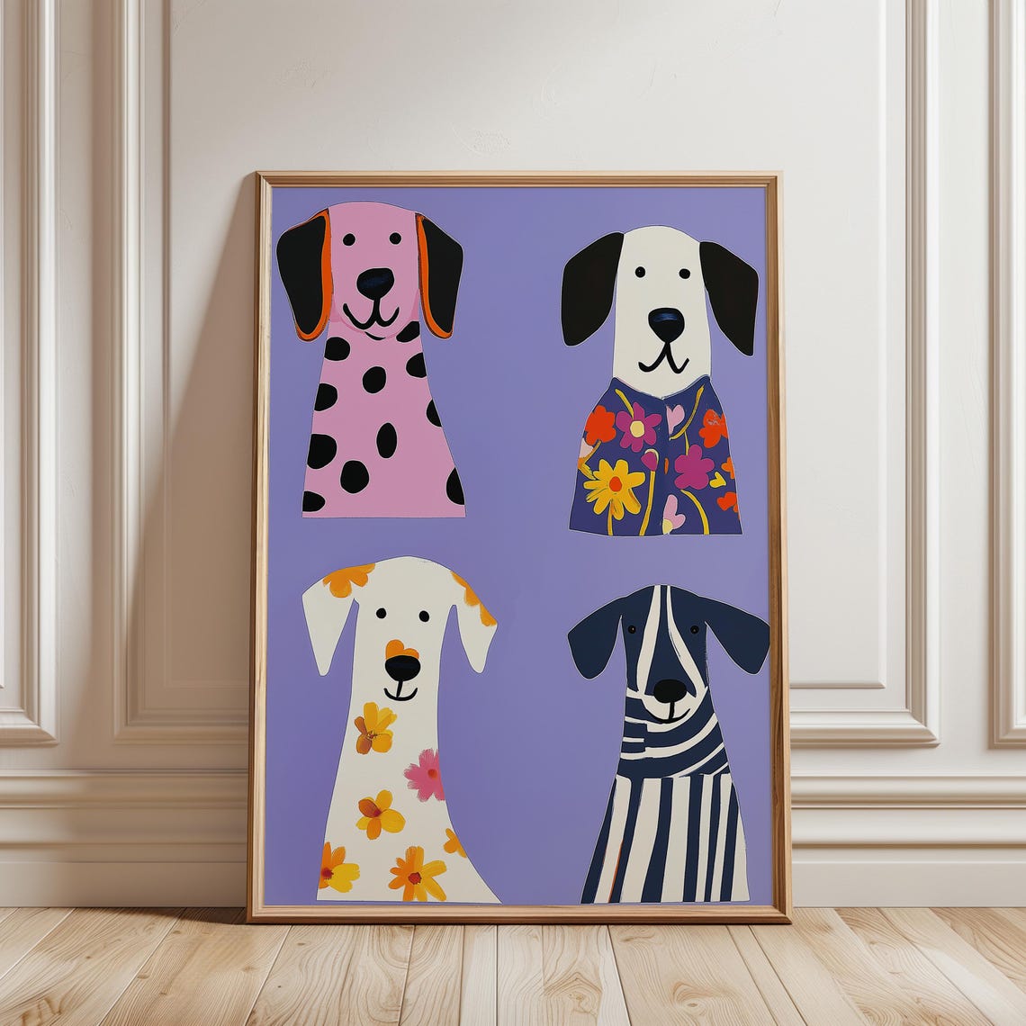 Vibrant Dogs Poster Four Floral Spotted Pups Lavender Kids Room Poster