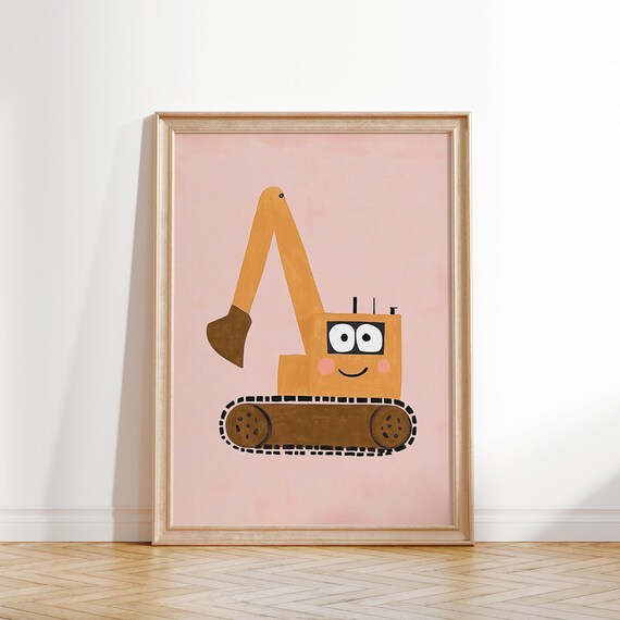Happy Excavator Digger Kids Room Construction Vehicle Smile Wall Art
