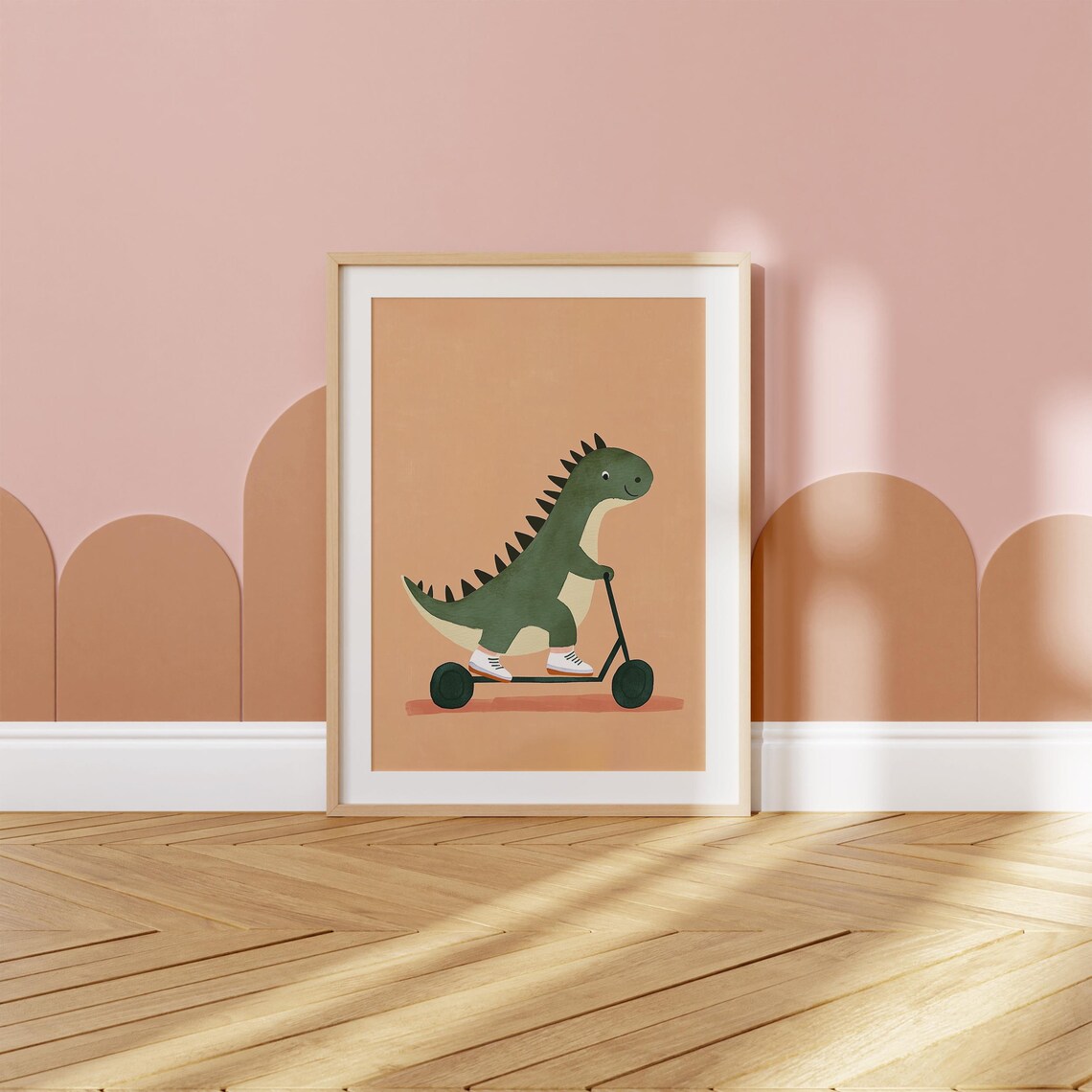 Green Dinosaur on Scooter Wearing Sneakers Kids Dino Art Poster - Image 2