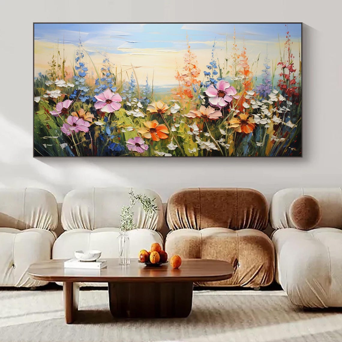 Pink Cosmos Orange Daisies Wildflower Meadow Blue Sky Painting Poster - Image 3